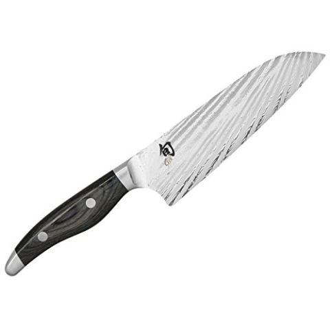 KAI Shun Nagare Santoku 18 cm Klingenlänge - 72 Lagen Damaszenerstahl VG 2 & VG 10 Dual-Core-Klinge - Pakkaholz grauschwarz - Handgefertigt in Japan - japanisches Kochmesser Küchenmesser geschmiedet