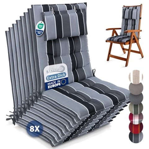 Beautissu 8er Set Premium Hochlehner Auflage Kopfpolster 120x50cm Sun-HL – 8cm Dick Polster Gartenstuhlauflage rutschfest Befestigungsbänder UV-Lichtechtheit 5 – Robust Stoff Anthrazit Gestreift
