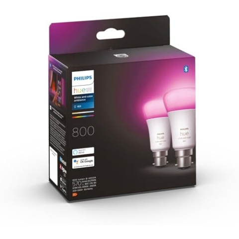Philips Hue Ambiance LED-Glühbirne, B22-Bajonettsockel, 800 Lumen, entspricht 60 W, Weiß/Farbe, 2 Stück Funktioniert mit Alexa, Google Assistant und Apple Homekit