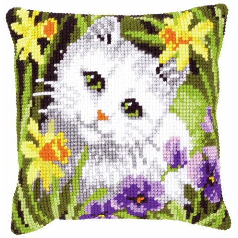 VERVACO Kreuzstich Stickpackungen Kissen Stickerei Set Anfänger Vorgedruckt Weiߝe Katze Osterglocken DIY Set Kreativ Set Für Erwachseneca. 40 x 40 cm Bastelset Handwerker Haus Dekoration