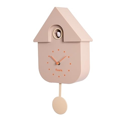 FISURA - Beigefarbene Kuckucksuhr mit orangefarbenem Zifferblatt. Wanduhr. Originelle Wanduhr zum Verschenken. 3 AA-Batterien Nicht enthalten. 21,5x8x41,5. ABS-Kunststoff, Beige