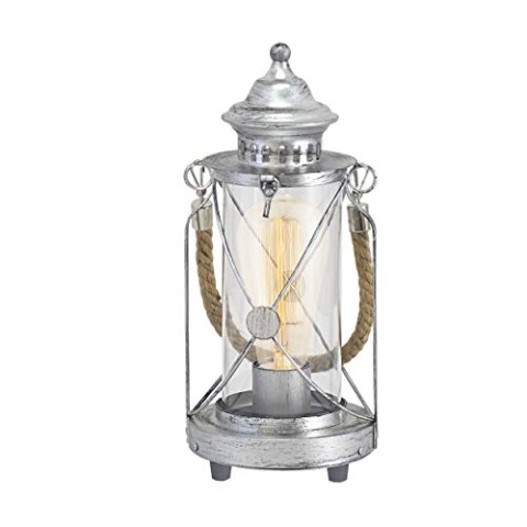 EGLO Tischlampe Bradford, 1 flammige Vintage Tischleuchte, Laterne, Nachttischlampe aus Stahl, Farbe: Silber antik, Glas: klar, Fassung: E27, inkl. Schalter