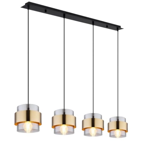 Balkenpendelleuchte MILLEY 4-flammig mit Rauchglas und Messingringen, 111cm