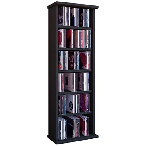 VCM CD Regal Holz Vostan | platzsparender CD Schrank für 102 CDs oder 36 DVDs | Maße: H. 92 x B. 31 x T. 18 cm | Elegantes DVD Regal stehend | Blu ray Regal fürs Wohnzimmer | CD Regal Schwarz
