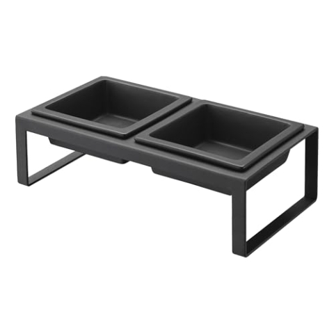 YAMAZAKI 4745 Futternapfset mit Ständer für Katzen und kleine Hunde, je 300 ml, Stahl, Keramik, Schwarz, L 29 x B 15,5 x H 10 cm
