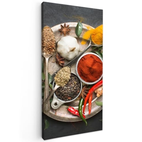 MuchoWow Leinwand Bilder, Einzigartige Wanddeko mit Rahmen, Gewürze - Teller - Pfeffer - Schwarz - Löffel - Silber, Wandbilder Wohnzimmer, Deko Schlafzimmer 40x80 cm