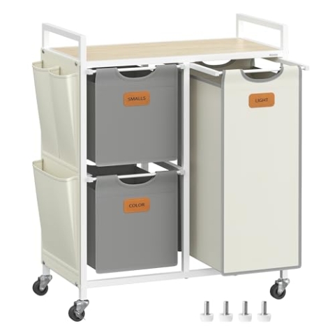 VASAGLE Wäschekorb 3 Fächer, Wäschesammler 100 L, Wäschesortierer, Rollen, Wäschewagen mit Ablage, Wäschesack, kleine seitliche Taschen, 6 Etiketten, naturbeige-taubengrau-cremeweiß BLH202G01