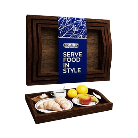 Comfify Rustikale Serviertabletts aus Holz mit Griff - 3er-Set - Großes, mittleres und kleines verschachteltes Serviertablett - zum Frühstück, als Couchtisch-Butler, Serviertablett - Braun