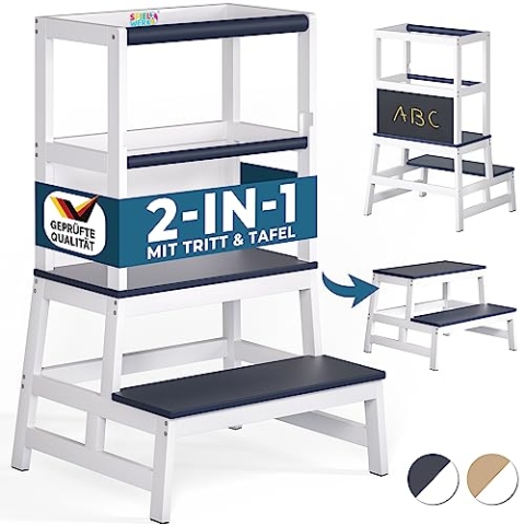 Spielwerk® Lernturm ab 2 Jahren Kinder mit Tafel Grau 100kg Belastbar 93cm Hoch Montessori Trittschemel Kiefer Learning Tower 2in1 Tritthocker Kinder Turm Küche