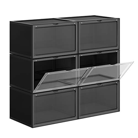 SONGMICS Schuhboxen, 6 Stück, stapelbar, mit Tür, aus Kunststoff, Größe bis 46, 36 x 28 x 22 cm, Schwarz LSP06CB