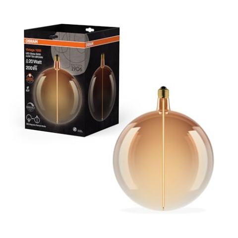 OSRAM Vintage 1906 Big Globe ist eine dimmbare, dekorative Lampe mit LED-Glüwendel-Magnet-Technologie. Sie bietet 4.8 W für 200 lm, E27 Fassung, Tea Brown Glas, 200 mm Durchmesser, CRI 80.