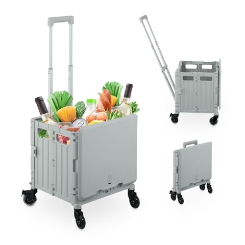 Relaxdays Einkaufstrolley, klappbar, Einkaufskorb mit Lenkrollen, Deckel & Teleskopgriff, bis 35 kg, Rollkiste, grau