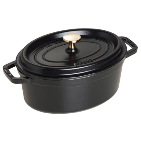 STAUB Gusseisen Bräter/Cocotte, Oval 23 cm, 2,35 L, Aromaregen Funktion für optimale Befeuchtung, Für alle Herdarten inkl. Induktion & Backofen, Schwarz
