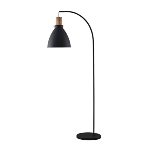 Lindby Stehlampe Skandi Holz Metall, Stehleuchte Lampenschirm schwarz Leselampe Wohnzimmer Wohnzimmerlampe Standlampe 1x E27 ohne Leuchtmittel