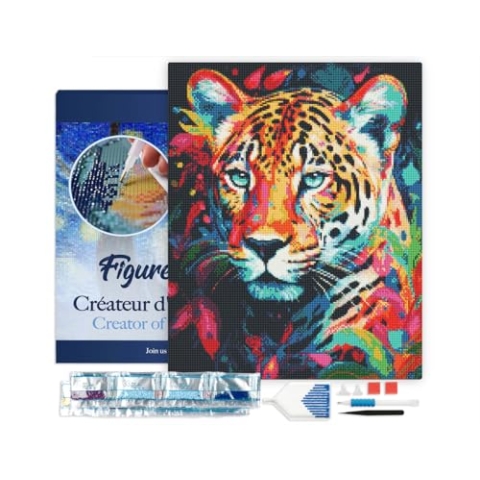 Figured'Art Diamond Painting Erwachsene 40x50cm Mit Rahmen Ganze Leinwand gespannt Leopard Farbenfroh Abstrakt 5D Bilder Eckige Steine - DIY Set Basteln