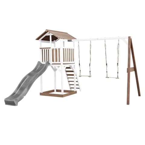 AXI Beach Tower Spielturm aus Holz in Braun & Weiß | Spielhaus für Kinder mit Grauer Rutsche, Doppelschaukel und Sandkasten | Stelzenhaus für den Garten