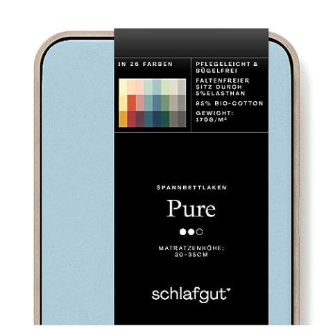 Schlafgut Pure Spannbettlaken 140x200cm bis 160x220cm - 95% Biobaumwolle, 5% Elasthan, Oeko-TEX Zertifiziert, Blue Light, Matratzenhöhe bis 35cm