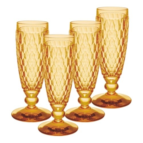 Villeroy & Boch Boston Saffron Sektgläser 4er Set, 145 ml, Farbige Sektkelche mit Facettenmuster, Kristallglas für Champagner und Schaumwein, Spülmaschinengeeignet, Gelb
