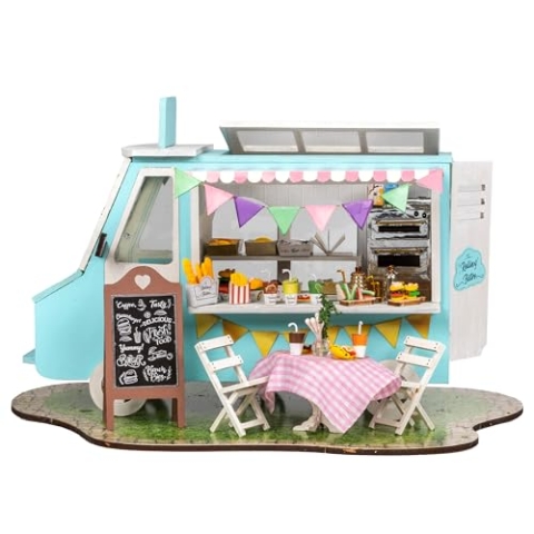 Crafts&Co® DIY Miniature Haus mit Möbeln | DIY Puppenhaus Erwachsene | Hölzernes Puppenhaus-Kit | Holz Mini Haus Modell mit Licht | 1:18 | Rolling Bistro