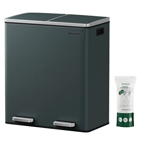SONGMICS Mülleimer, 2 x 30 Liter, 2 Fächer, Mülltrennsystem, Treteimer, Abfalleimer Küche, 15 Müllsäcke, Metall, Inneneimer aus Kunststoff, Klappdeckel, Softclose, luftdicht, grüngrau LTB60GS