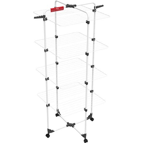 Vileda Mixer 4 Turmwäscheständer, Wäscheständer mit 4 Ebenen für bis zu 4 Waschladungen, Flex-Gelenk, rollbar, Höhe 1,64m, 40m Leinenlänge, Stahl, Eco-Verpackung