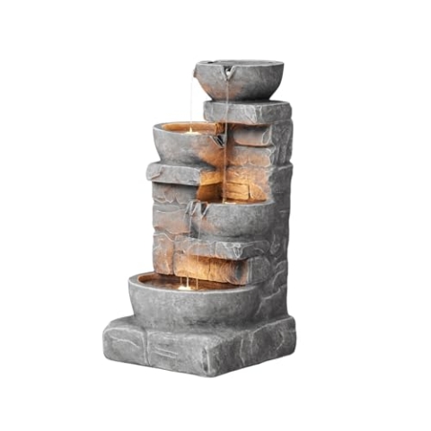 Teamson Home 84,5 cm Kaskadierende Schalen & Gestapelte Steine LED Outdoor-Wasserbrunnen für Außenbereiche, Steingrau