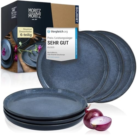 Moritz & Moritz VIDA 6er Dessertteller Set Blau - Stylische Porzellan Frühstücksteller, Kuchenteller für 6 Personen - Spülmaschinen- und Mikrowellengeeignet