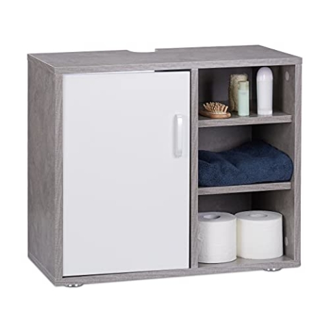 Relaxdays Waschbeckenunterschrank, eintürig, Badschrank, Aussparung, 3 Ablagen, Unterstellschrank 51x60x32cm, Betonoptik, MDF, grau, Standard