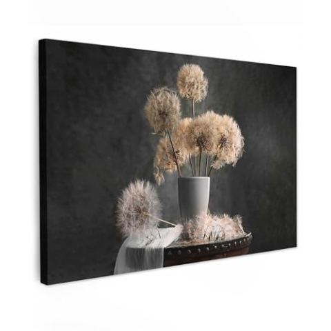 MuchoWow© Leinwand Groß 120x80 cm XXL Deko Schlafzimmer Aesthetic Leinwandbilder Wohnzimmer Gemälde Foto Geschenk Living Room Decoration Blumensamen - Löwenzahn - Vase - Stilleben - Blumenstrauß
