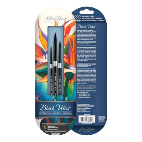 Silver Brush Limited SLM 3099 Susan Louise Moyer Aquarell Rundpinsel Set, 3 Pinselset Black Velvet Rund Pinsel, Größen 4, 8 und 12
