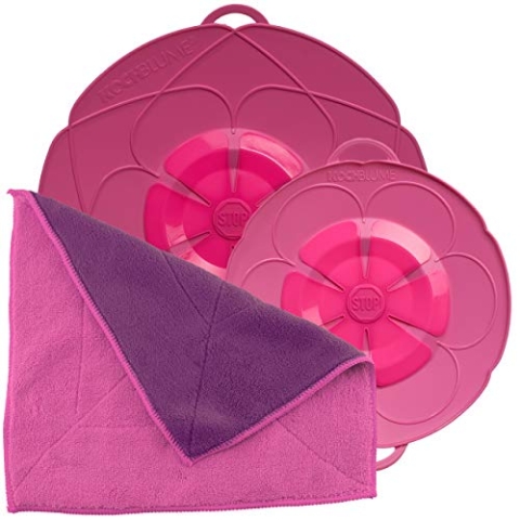 Kochblume Spar-Set für Töpfe von 14 bis 24 cm mit Microfasertuch als Set in der bunten Box | Silikon Überkochschutz für Töpfe und Pfannen (pink)