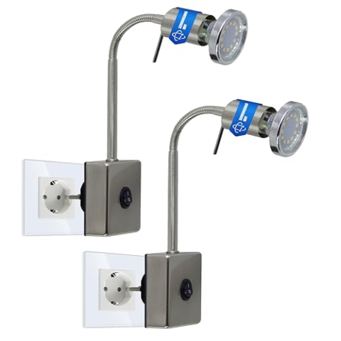 Trango 2er Pack 2607/2 LED Steckerleuchte *SKY* Nachtlicht in Edelstahl-Look incl. 1x 3000K warmweiß LED Leuchtmittel & ON/OFF Schalter Wandlampe Küchen Steckerlampe