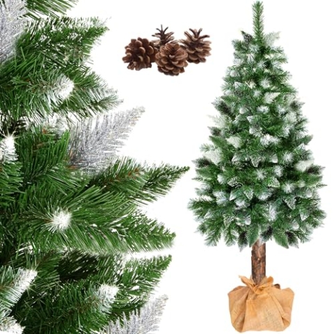 SPRINGOS Weihnachtsbaum mit Holzstamm Naturzapfen Kunstschnee 180 cm Diamant-Kiefer Künstlicher Christbaum Jutestoff Kunstbaum wie Echt Nachbildung der Kiefer