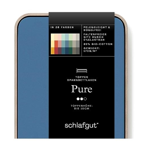 Schlafgut Pure Topper Spannbettlaken 120x200cm bis 130x220cm Blue Mid, Spannbetttuch aus weicher Biobaumwolle