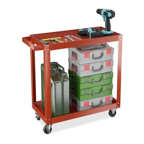 Relaxdays Werkstattwagen, Werkzeugwagen mit 2 Ebenen, mobiler Montagewagen, bis 100 kg belastbar, HBT: 76x78x35 cm, rot