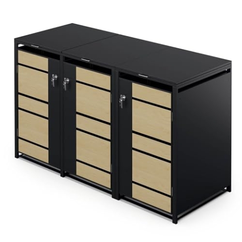blumfeldt BinSafe Mülltonnenbox – Wetterfest, Verzinkter Stahl, Für 60L/120L/240L, Schloss, Modernes Design, Mülltonnenverkleidung für 3 Tonnen, Ahorn & Schwarz