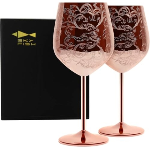 SKY FISH Weingläser aus Edelstahl, Geätzt mit Aufwendigen und Authentischen Barocken Gravuren, Kupferbeschichtete Weinkelche im Königlichen Stil, Hochzeitstag Geschenk, 2er-Set, Handwäsche, (480ml)