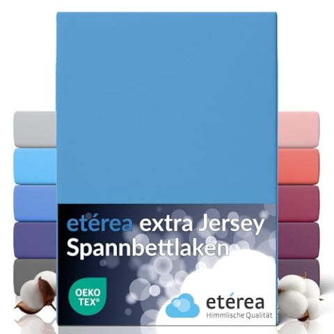 etérea Extra Jersey Spannbettlaken 240x220cm Hellblau bis 35 cm Höhe - 100% Baumwolle Spannbetttuch Oekotex - Bed Sheets Leintuch Bettbezug für Boxspringbetten Bettlaken 240x220 cm Lightblue