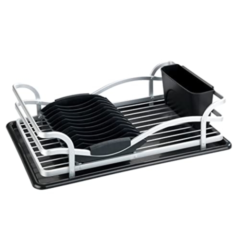 WENKO Geschirrabtropfer Alu, Abtropfgestell für Geschirr, ideal zum Abstellen neben der Spüle, aus rostfreiem Aluminium und Kunststoff, 46,5 x 13 x 31,5 cm, Silber matt/Schwarz