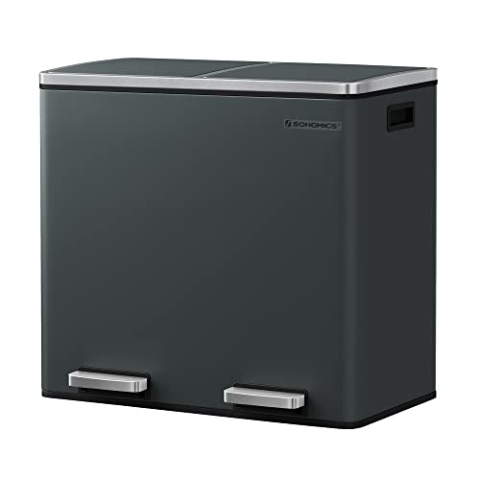 SONGMICS Mülleimer, Abfalleimer, Mülltrennsystem mit 2 Fächern, Treteimer für die Küche, 2 x 24 L, Softclose, Inneneimer aus Kunststoff, mit Fußpedalen und Handgriffen, rauchgrau, 58.5 x 32 x 54.5 cm