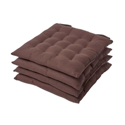Homescapes 4er Set Stuhlkissen 40 x 40 cm, braun, Sitzkissen mit Bändern und Knopfverschluss, einfarbige Auflagen für Stühle mit Bezug aus 100% Baumwolle und weicher Polyester-Füllung