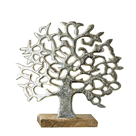 GILDE Deko Figur Baum - Lebensbaum - Aluminium - Silber - auf Holzfuß - Höhe 46 - Breite 49 cm