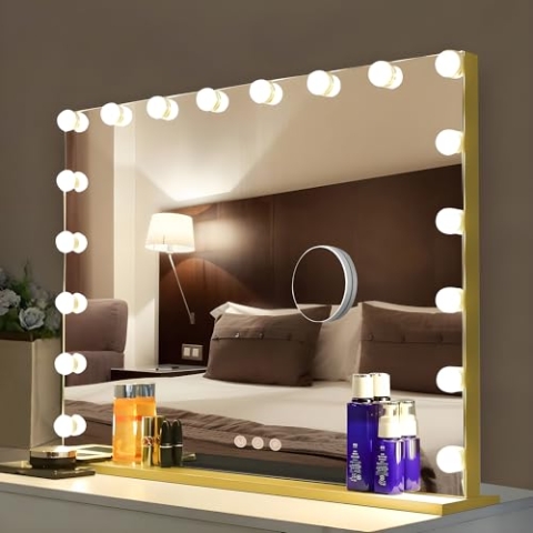 Bayt Hollywood Spiegel 80x60 cm mit LED Beleuchtung – Schminkspiegel Gold mit 18 dimmbaren Lampen, 3 Lichtmodi (warm, kalt, neutral), Touchscreen & 10x Vergrößerungsspiegel