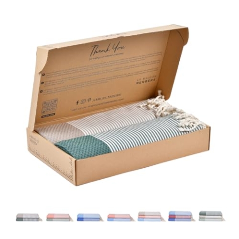 Tadussi ® Strandtuch Saunahandtuch Fouta XXL [2er Set] Ideal als Hamamtuch Saunatuch Stranddecke für Damen & Herren - Groß 100x200-100% Baumwolle in Creme & Dunkelgrün