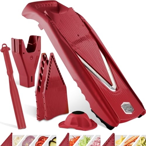 Börner Gemüsehobel V5 (Plus Set) • Verstellbarer V-Hobel mit extra viel Zubehör + Schäler • Gemüseschneider mit Edelstahl V-Klinge • Für Scheiben, Streifen, Würfel • Farbe: Rot