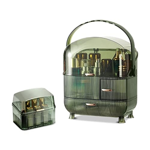 Galatée Tragbare Make Up Organizer Kosmetikbox Kosmetische Aufbewahrungs Box Mit Staubdichtem Deckel, Beauty Organizer Mit 2 Schubladen Und Tragegriff,Schublade Kosmetik,180°Drehbar(Grün - D)
