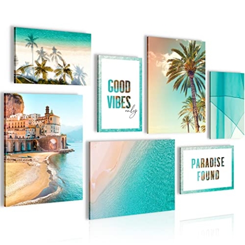 Novart Wandbilder Karibik - KOMPLETT AUFHÄNGFERTIG - Paradies Strand Wohnzimmer Schlafzimmer - 7 Moderne Mood-Bilder - N014271a