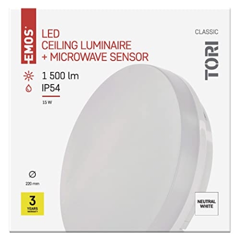 EMOS LED-Deckenleuchte TORI 15 W mit MW-Sensor,für Außen und Innen,Helligkeit 1500 lm,neutralweiß 4000K,Deckenlampe Flur,Bad,Küche,Balkon,Terrasse rund Ø 22 cm, ZM4328, Weiß
