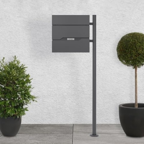 ECD Germany Standbriefkasten mit Zeitungsfach, Design Briefkasten mit Pfosten Standfuß, Briefkastenanlage, Briefkastenständer Anthrazit Edelstahl, Postkasten Anthrazit Edelstahl pulverbeschichtet