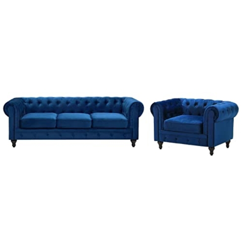 Beliani Klassisches Set Sofa Sessel Samtstoff Chesterfield Stil blau Chesterfield